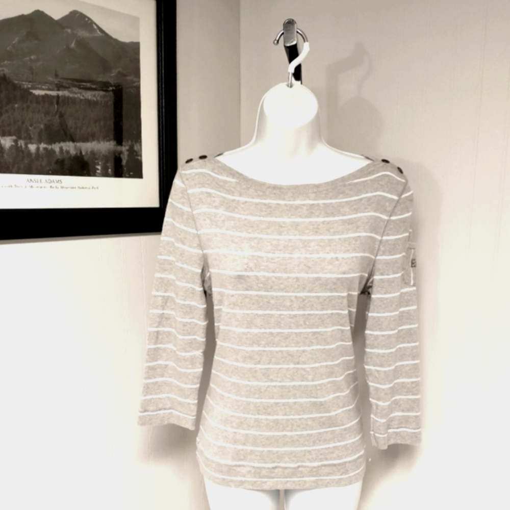 Lauren Ralph Lauren Gray/White Striped 3/4 Sleeve Knit Top Size Large